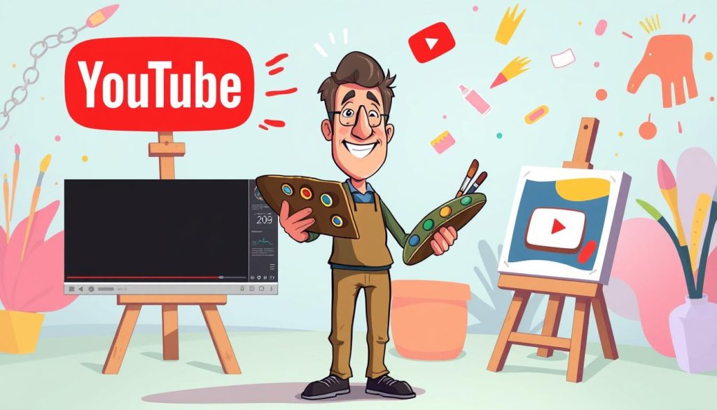 A vibrant, cartoon-style illustration of the benefits of YouTube for the creative endeavors of a middle-aged artist. In the foreground, a dynamic figure stands proudly, palette and brushes in hand, their face alight with excitement. The middle ground showcases various YouTube platform features - a video player, subscriber count, and a "like" button - all rendered in a whimsical, accessible style. The background depicts a lively, color-rich scene of artistic inspiration, with easels, brushstrokes, and floating art supplies. The overall mood is one of empowerment, creativity, and the transformative potential of the YouTube platform for a midlife artistic pursuit. A vibrant, cartoon-style illustration of the benefits of YouTube for the creative endeavors of a middle-aged artist. In the foreground, a dynamic figure stands proudly, palette and brushes in hand, their face alight with excitement. The middle ground showcases various YouTube platform features - a video player, subscriber count, and a "like" button - all rendered in a whimsical, accessible style. The background depicts a lively, color-rich scene of artistic inspiration, with easels, brushstrokes, and floating art supplies. The overall mood is one of empowerment, creativity, and the transformative potential of the YouTube platform for a midlife artistic pursuit.