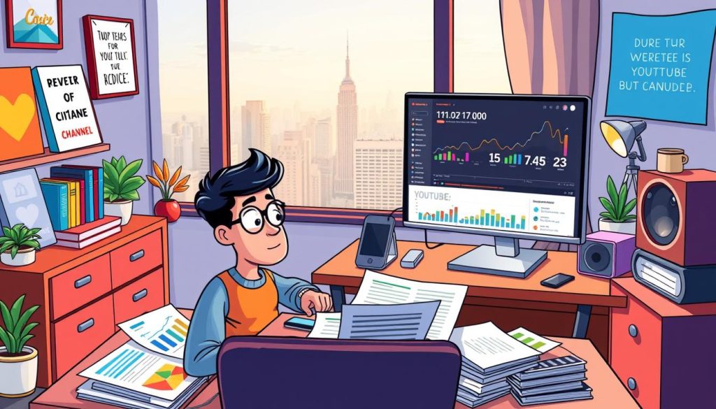 A vibrant, cartoon-style illustration showcasing a YouTuber analyzing their channel's income. In the foreground, the YouTuber sits at a desk, surrounded by colorful charts, graphs, and financial documents. Their expression is one of focused contemplation as they review the data. In the middle ground, a computer screen displays the channel's analytics, with visuals highlighting revenue streams and monetization strategies. The background features a cozy, home office setting, with bookshelves, inspirational quotes, and a window overlooking a bustling city skyline. The scene conveys a sense of entrepreneurial determination and the pursuit of financial sustainability through creative content.