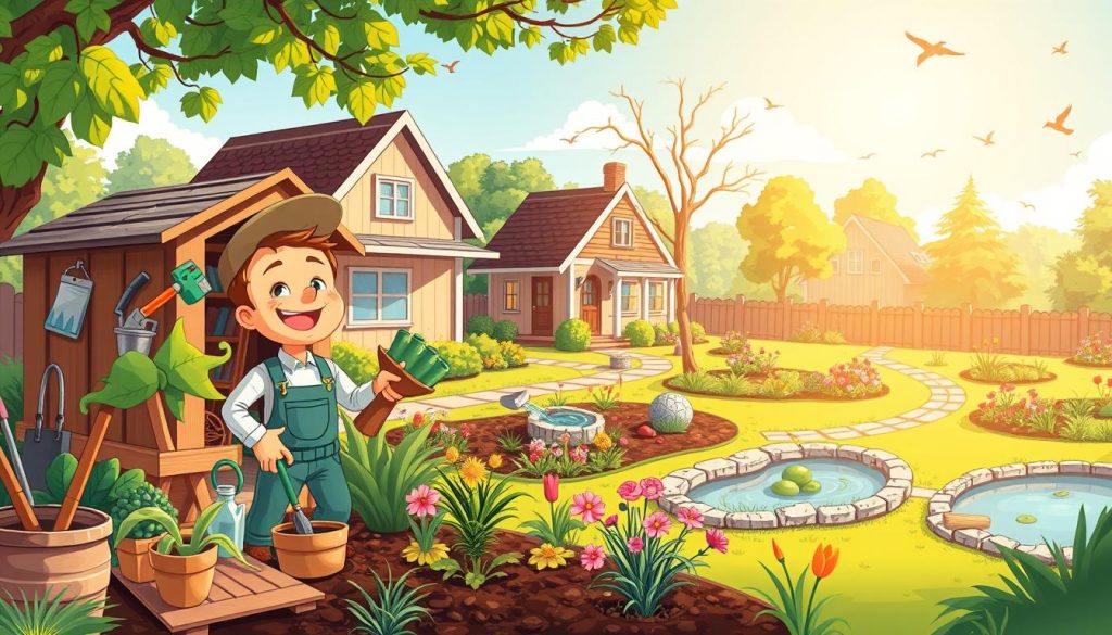 A vibrant, cartoon-style illustration showcasing a friendly gardening service channel. In the foreground, a cheerful gardener tends to a lush, colorful garden, surrounded by an array of gardening tools and a well-stocked shed. The middle ground features a quaint, cozy home with a beautifully landscaped yard, complete with flowering plants, a peaceful pond, and a winding garden path. The background depicts a serene, sun-dappled neighborhood, with trees, birds, and a clear, blue sky. The lighting is warm and inviting, creating an atmosphere of tranquility and connection with nature. The overall scene captures the joy and satisfaction of home gardening and design.