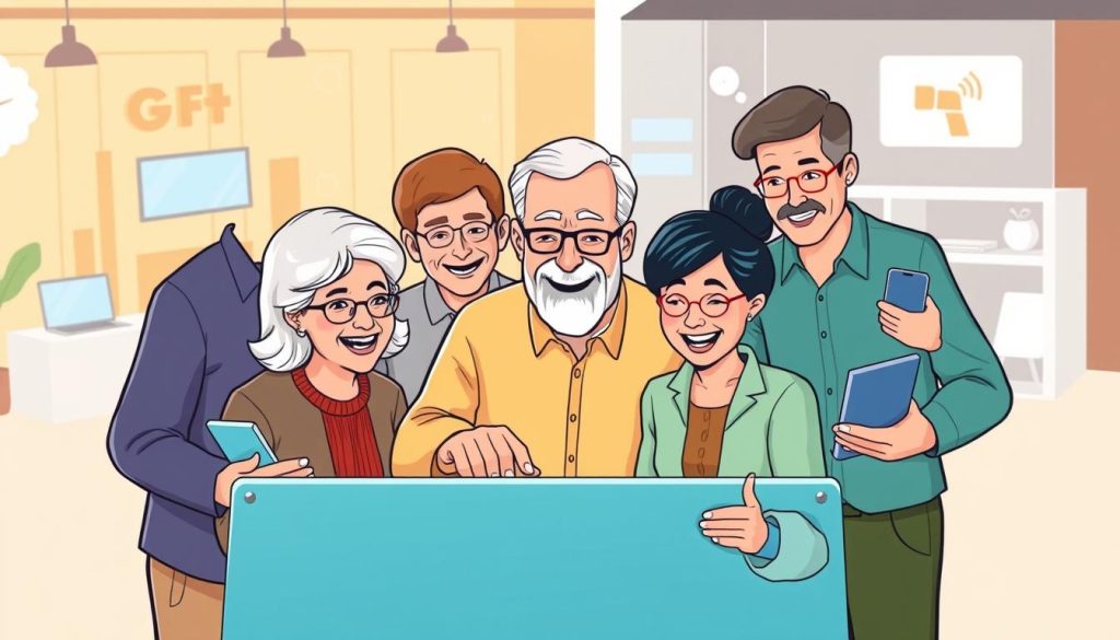 A vibrant, cartoon-style illustration showcasing a group of middle-aged individuals engaged in various technology-related activities. In the foreground, a diverse group of men and women are gathered around a large, touchscreen device, their faces animated with interest and excitement. The middle ground features a mix of digital devices, including laptops, tablets, and smartphones, all seamlessly integrated into the scene. The background depicts a modern, tech-savvy environment, with sleek, minimalist design elements and a warm, inviting color palette. The overall composition conveys a sense of community, learning, and the joy of discovery, reflecting the target audience's enthusiasm for technology and the desire to stay connected and informed.