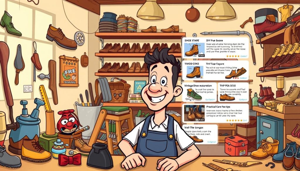 A vibrant, cartoon-style illustration showcasing engaging content ideas for a shoemaking and shoe repair YouTube channel. In the foreground, a cheerful shoemaker surrounded by a variety of shoe designs, tools, and materials, capturing the passion and creativity of the craft. The middle ground features a collage of thumbnails and video ideas, such as DIY shoe customization, vintage shoe restoration, and practical shoe care tips. The background depicts a cozy workshop setting, with shelves of shoes, leather scraps, and a warm, inviting atmosphere. The lighting is soft and natural, emphasizing the handmade, artisanal nature of the shoemaking process. The overall composition is dynamic, colorful, and visually captivating, reflecting the excitement and appeal of the content ideas for the channel.