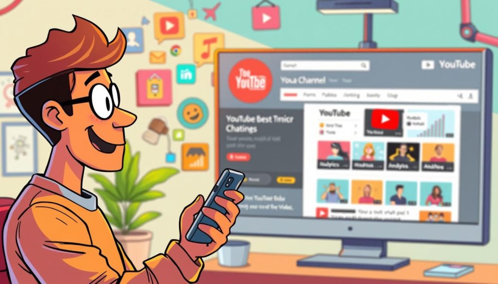 A vibrant, cartoon-style illustration showcasing the elements of YouTube channel marketing. In the foreground, a savvy YouTuber holds a smartphone, strategizing social media tactics. In the middle ground, colorful icons and graphics representing video production, analytics, and audience engagement tools. In the background, a bustling YouTube channel interface, with dynamic subscriber counts, view metrics, and trending video thumbnails. The scene is bathed in a warm, energetic lighting, conveying a sense of creativity, optimization, and online success.