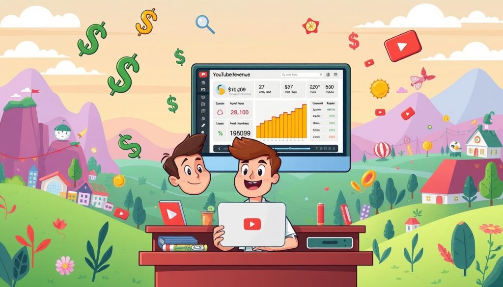 A vibrant, cartoon-style illustration showcasing the process of calculating YouTube channel revenue. In the foreground, a friendly, animated YouTuber sits at a desk, surrounded by floating dollar signs, charts, and analytics data. In the middle ground, a large computer screen displays a detailed income breakdown, with various metrics and statistics. The background features a colorful, stylized landscape, with playful icons and elements representing the diverse content and audience of the YouTube platform. The overall scene conveys an informative, accessible, and visually engaging depiction of the financial aspects of running a successful YouTube channel. A vibrant, cartoon-style illustration showcasing the process of calculating YouTube channel revenue. In the foreground, a friendly, animated YouTuber sits at a desk, surrounded by floating dollar signs, charts, and analytics data. In the middle ground, a large computer screen displays a detailed income breakdown, with various metrics and statistics. The background features a colorful, stylized landscape, with playful icons and elements representing the diverse content and audience of the YouTube platform. The overall scene conveys an informative, accessible, and visually engaging depiction of the financial aspects of running a successful YouTube channel.