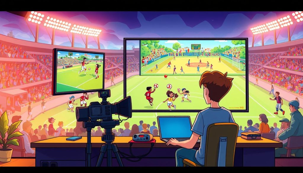 A vibrant, cartoon-style illustration showcasing the success of a YouTube channel focused on captivating sports stories. In the foreground, a young content creator sits at a desk, surrounded by video equipment and a large screen displaying an animated sports scene. The middle ground features a group of diverse characters - athletes, fans, and storytellers - engaged in spirited competitions and heartwarming moments. The background is a dynamic, colorful landscape of stadiums, fields, and courts, capturing the energy and excitement of the sports world. Warm, dynamic lighting and a playful, upbeat atmosphere convey the channel's ability to captivate viewers with its unique blend of sports, friendship, and storytelling.