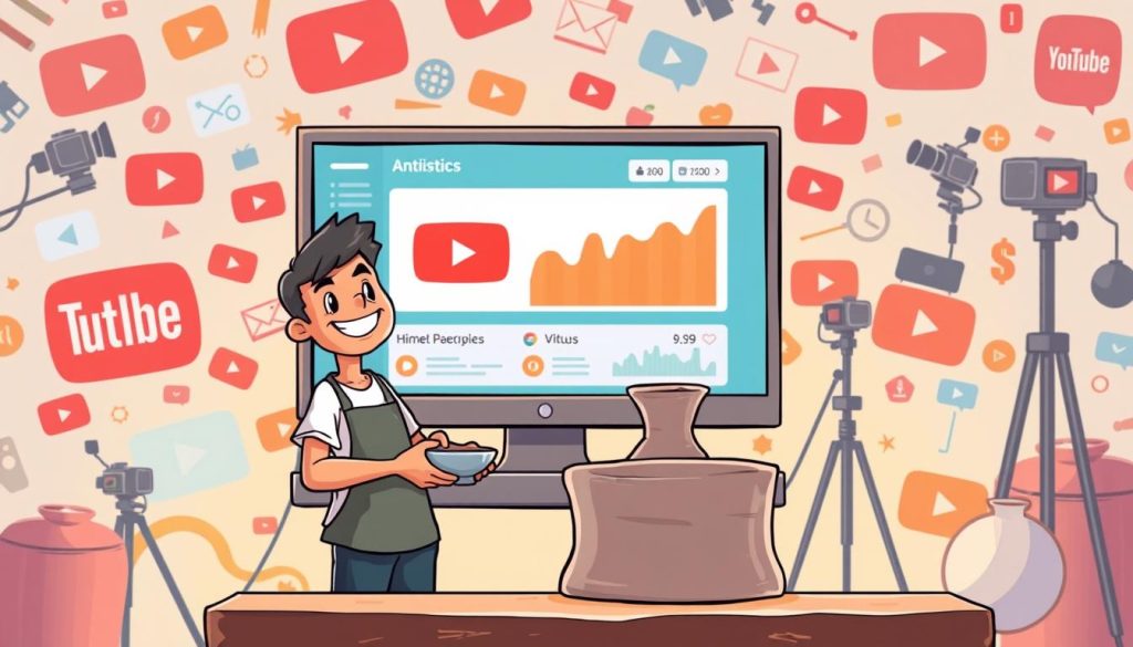 A vibrant, cartoon-style scene depicting the path to YouTube success for a pottery business. In the foreground, a smiling, determined artist stands before a pottery wheel, shaping a unique, handcrafted piece. Behind them, a computer screen shows analytics and subscriber counts, symbolizing the growth of their channel. In the background, an abstract, colorful backdrop of YouTube logos, video cameras, and artistic elements creates an engaging, inspirational atmosphere. Soft, warm lighting illuminates the scene, conveying a sense of positivity and achievement. The overall composition highlights the blend of creative expression and digital marketing required to build a successful YouTube pottery channel. A vibrant, cartoon-style scene depicting the path to YouTube success for a pottery business. In the foreground, a smiling, determined artist stands before a pottery wheel, shaping a unique, handcrafted piece. Behind them, a computer screen shows analytics and subscriber counts, symbolizing the growth of their channel. In the background, an abstract, colorful backdrop of YouTube logos, video cameras, and artistic elements creates an engaging, inspirational atmosphere. Soft, warm lighting illuminates the scene, conveying a sense of positivity and achievement. The overall composition highlights the blend of creative expression and digital marketing required to build a successful YouTube pottery channel.