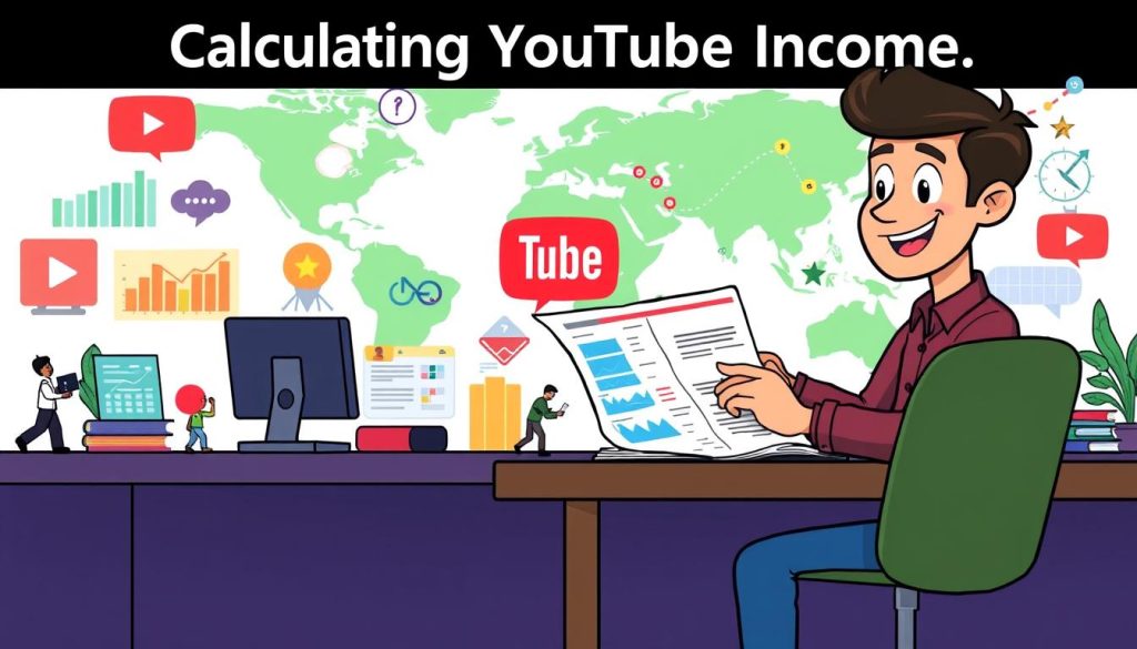 A vibrant, cartoon-style scene depicting the process of calculating YouTube income. In the foreground, a friendly, animated YouTuber sits at a desk, examining detailed financial reports and spreadsheets. The middle ground showcases various colorful icons and infographic elements, representing views, subscribers, and revenue streams. In the background, a stylized world map highlights the global reach of the platform, with small figures engaged in content creation and video sharing. The overall mood is informative, approachable, and visually engaging, capturing the essence of the "Calculating YouTube Income" section.