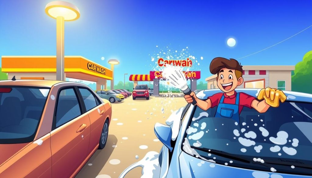 A vibrant, cartoon-style scene of a car wash in action. In the foreground, a cheerful employee scrubs a shiny sedan, using a high-pressure hose and sponge. The middle ground features a row of vehicles awaiting their turn, while in the background, the car wash's colorful signage and awnings create an inviting atmosphere. Bright, directional lighting from overhead highlights the soapy suds and water splashes, conveying the lively energy of the car wash experience. The camera angle is slightly elevated, providing a bird's-eye view of the bustling operation.
