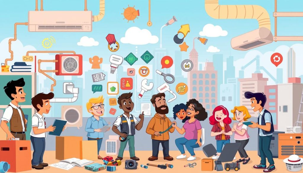 A vibrant, cartoon-style scene showcasing a variety of engaging HVAC-related video topics. In the foreground, a group of diverse characters are engaged in lively discussions, with tools and equipment scattered around them. The middle ground features a selection of HVAC-themed icons and illustrations, such as air conditioning units, thermostats, and ductwork, all rendered in a colorful, whimsical style. The background depicts a dynamic, retro-futuristic cityscape, hinting at the wide range of HVAC applications and technologies. The overall composition conveys a sense of creativity, enthusiasm, and the potential for informative and entertaining HVAC-focused video content.