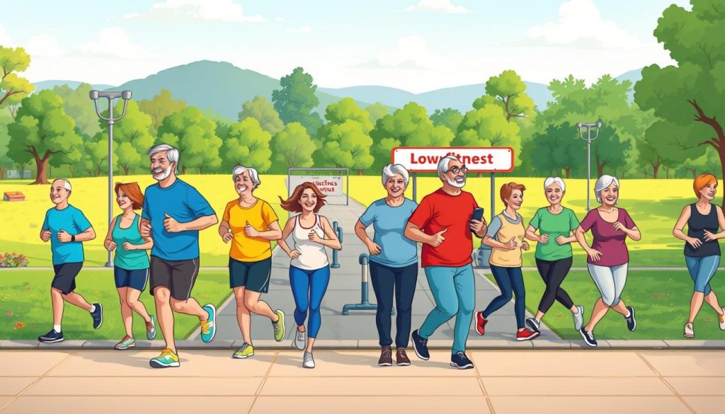 A vibrant, cartoonish scene depicting an active community of healthy adults aged 40 and above engaged in various fitness activities. The foreground showcases a diverse group of individuals walking, jogging, and participating in low-impact exercises in a well-maintained outdoor park setting. The middle ground features fitness equipment and signage promoting the benefits of an active lifestyle. The background depicts a lush, verdant landscape with a clear, blue sky, creating a serene and inviting atmosphere. The lighting is warm and natural, highlighting the joy and energy of the scene. The overall composition conveys a sense of inclusivity, community, and the positive impact of tailored content for the target audience.