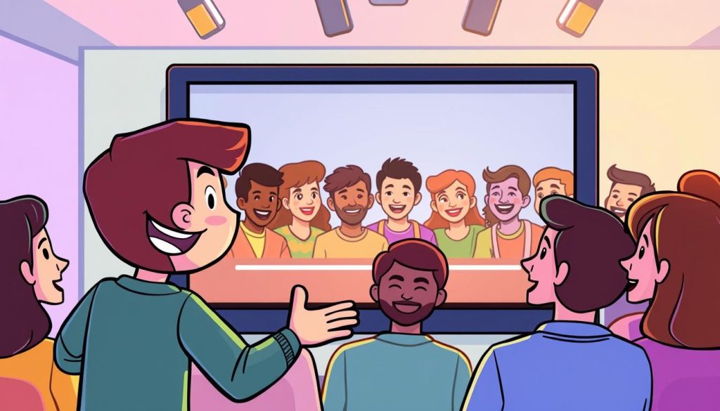 A vibrant, cheerful illustration of an engaging video content creator interacting with their enthusiastic audience. In the foreground, a friendly, animated character gestures warmly, inviting viewers to engage. The middle ground depicts a diverse group of attentive, smiling online spectators, their faces lit by the glow of a modern, minimalist video player interface. The background features a colorful, stylized setting suggestive of a welcoming, interactive digital space. Bright, optimistic lighting and a sense of dynamic movement capture the spirit of building a strong connection with one's community.