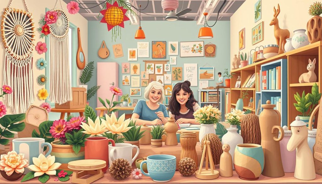 A vibrant collage of artistic projects, featuring a whimsical array of handcrafted items - from intricate macrame wall hangings and delicate paper flowers to colorful ceramic mugs and wooden carved figurines. The foreground showcases these unique creations, arranged in an aesthetically pleasing manner, with a soft, warm lighting illuminating the textures and details. In the middle ground, a group of adult learners are engaged in their own creative pursuits, their faces brimming with concentration and joy. The background depicts a cozy, well-equipped studio space, complete with natural light, inspirational mood boards, and an assortment of art supplies. The overall atmosphere exudes a sense of creativity, learning, and the celebration of handmade craftsmanship. A vibrant collage of artistic projects, featuring a whimsical array of handcrafted items - from intricate macrame wall hangings and delicate paper flowers to colorful ceramic mugs and wooden carved figurines. The foreground showcases these unique creations, arranged in an aesthetically pleasing manner, with a soft, warm lighting illuminating the textures and details. In the middle ground, a group of adult learners are engaged in their own creative pursuits, their faces brimming with concentration and joy. The background depicts a cozy, well-equipped studio space, complete with natural light, inspirational mood boards, and an assortment of art supplies. The overall atmosphere exudes a sense of creativity, learning, and the celebration of handmade craftsmanship.