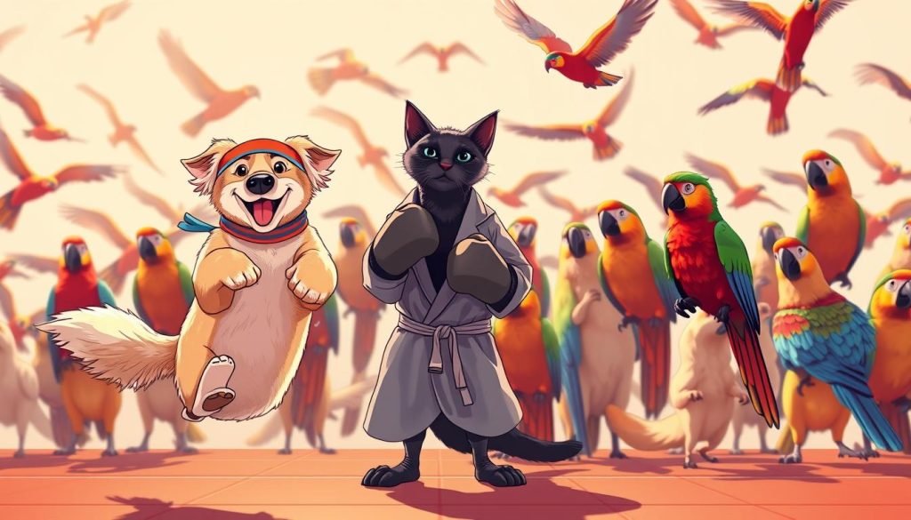 A vibrant collage of successful YouTube animal influencers, featuring a group of energetic and charismatic athlete pets. In the foreground, a playful golden retriever wearing a sporty headband performs an acrobatic jump, while a sleek black cat in a boxing robe stands confidently in the middle ground. In the background, a flock of parrots in vivid plumage soar gracefully, casting dynamic shadows across the scene. The lighting is warm and cheerful, with a soft, cartoon-like aesthetic that captures the playful and engaging nature of the channel's content. The composition is balanced and dynamic, drawing the viewer's eye to the captivating animal models. A vibrant collage of successful YouTube animal influencers, featuring a group of energetic and charismatic athlete pets. In the foreground, a playful golden retriever wearing a sporty headband performs an acrobatic jump, while a sleek black cat in a boxing robe stands confidently in the middle ground. In the background, a flock of parrots in vivid plumage soar gracefully, casting dynamic shadows across the scene. The lighting is warm and cheerful, with a soft, cartoon-like aesthetic that captures the playful and engaging nature of the channel's content. The composition is balanced and dynamic, drawing the viewer's eye to the captivating animal models.