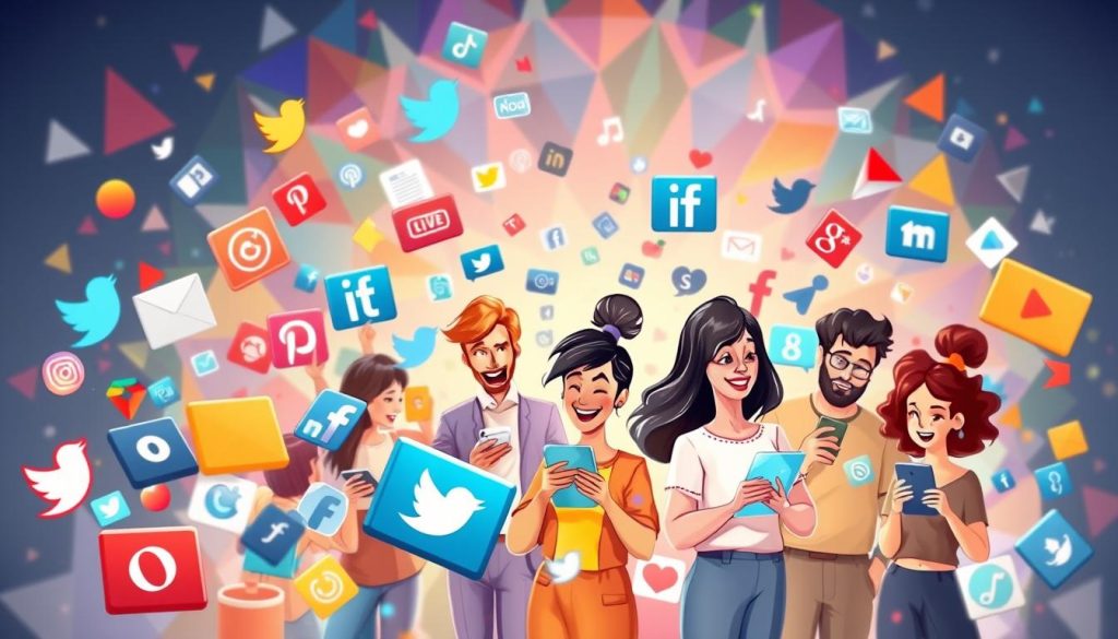 A vibrant collage showcasing the diverse world of social media, depicted in a whimsical, cartoon-like style. In the foreground, various social media icons and logos swirl and dance, each representing a different platform. In the middle ground, a group of people of diverse ages and backgrounds engage with their devices, their expressions ranging from joy to contemplation. The background features a kaleidoscope of colorful geometric shapes and patterns, evoking the digital realm. Soft, diffused lighting casts a warm, inviting glow, and the composition is balanced and dynamic, capturing the energy and interconnectedness of modern social media. The overall mood is playful, creative, and inclusive, reflecting the potential of these platforms to support and enrich our lives.