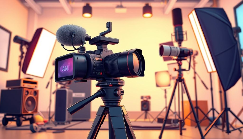 A vibrant collection of professional filming equipment, including a high-end DSLR camera with a versatile lens, a sturdy tripod, a shotgun microphone, and lighting gear like softboxes and LED panels. The setup is arranged in a well-lit, modern studio space with clean, minimalist decor, allowing the focus to remain on the tools of the trade. The overall mood is one of creativity, innovation, and the endless possibilities of visual storytelling.