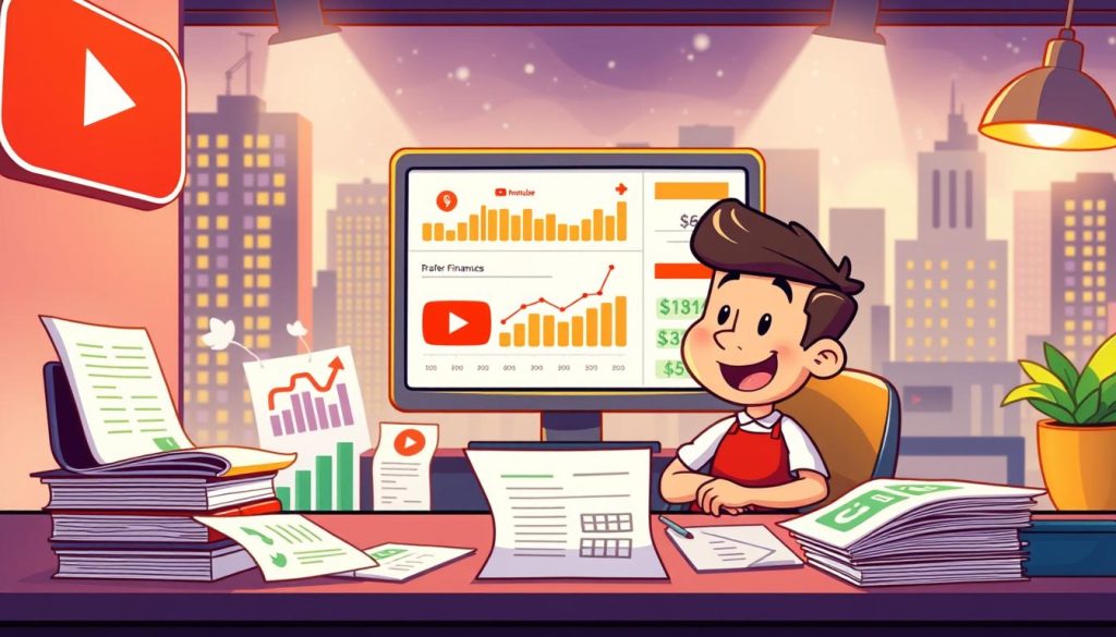 A vibrant, colorful cartoon scene depicting the calculation of a YouTube channel's income and performance. In the foreground, a friendly, animated character sits at a desk, surrounded by charts, graphs, and financial documents. The middle ground features a computer screen displaying analytics and revenue data, with various icons and visual cues. In the background, a stylized cityscape or workspace setting provides a dynamic, engaging backdrop. The lighting is warm and inviting, with a playful, upbeat atmosphere that captures the excitement of analyzing a channel's financial success. The composition is well-balanced, with attention to detail and a cohesive, visually appealing design.