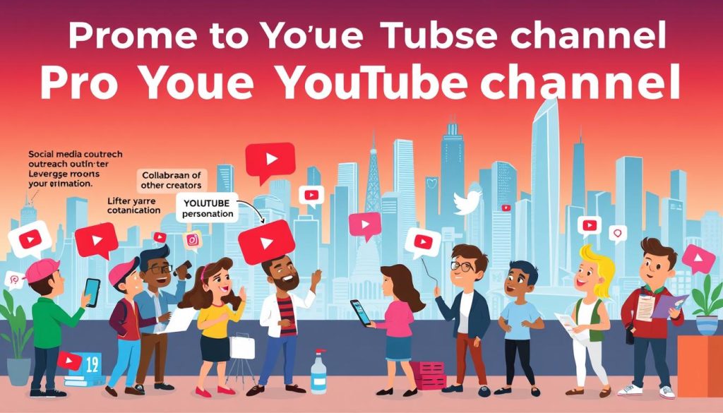 A vibrant, colorful illustration depicting various strategies for promoting a YouTube channel. In the foreground, a group of animated characters engage in diverse marketing tactics, such as social media outreach, collaborations with other creators, and leveraging search engine optimization. The middle ground showcases a bustling online landscape, with platforms like YouTube, Instagram, and Twitter prominently featured. In the background, a sleek, futuristic cityscape provides a dynamic backdrop, hinting at the vast potential of the digital realm. The overall scene conveys a sense of energy, creativity, and the multifaceted nature of successful YouTube channel promotion.
