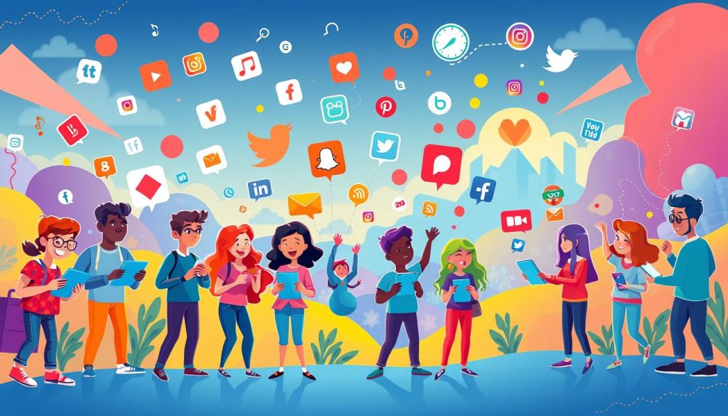 A vibrant, colorful illustration of social media platforms and content promotion. In the foreground, a group of diverse cartoon characters enthusiastically engage with their phones and tablets, sharing and interacting with dynamic, eye-catching content. The middle ground features various social media app icons and logos, while the background showcases a lively, energetic landscape with dynamic shapes and patterns, conveying the bustling, interconnected nature of the digital world. The scene is illuminated by warm, saturated lighting, creating a sense of excitement and engagement. The overall composition and style evoke a playful, modern, and visually compelling representation of the power of social media in promoting and disseminating content.