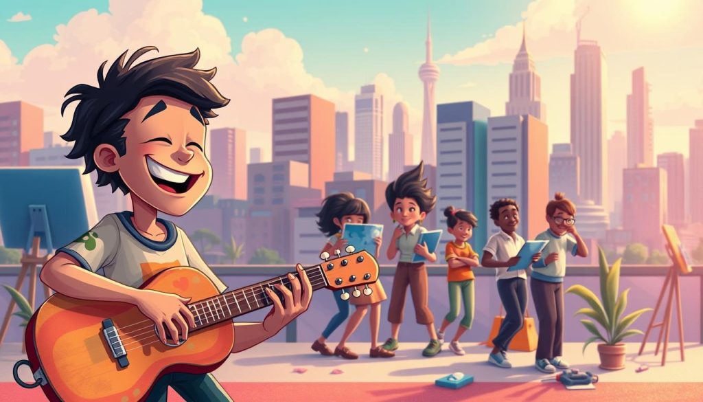 A vibrant digital canvas showcases a whimsical and creative scene. In the foreground, a lively musician crafts a unique melody on a colorful musical instrument, their fingers dancing across the strings with unbridled energy. The middle ground features a group of diverse characters, each expressing their own artistic flair through various media, from painting to sculpting to writing. In the background, a dynamic, modern cityscape provides a bustling, inspiring backdrop, with bold architecture and a vibrant color palette. The overall mood is one of joy, innovation, and boundless imagination, capturing the essence of creative expression. Soft, warm lighting casts a dreamlike glow, highlighting the playful, cartoon-inspired style of the composition. A vibrant digital canvas showcases a whimsical and creative scene. In the foreground, a lively musician crafts a unique melody on a colorful musical instrument, their fingers dancing across the strings with unbridled energy. The middle ground features a group of diverse characters, each expressing their own artistic flair through various media, from painting to sculpting to writing. In the background, a dynamic, modern cityscape provides a bustling, inspiring backdrop, with bold architecture and a vibrant color palette. The overall mood is one of joy, innovation, and boundless imagination, capturing the essence of creative expression. Soft, warm lighting casts a dreamlike glow, highlighting the playful, cartoon-inspired style of the composition.