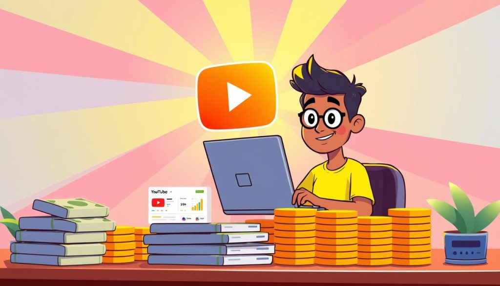 A vibrant digital illustration depicting a YouTube creator's journey with AdSense services and monetization. In the foreground, a friendly cartoon character sits at a desk, laptop open, navigating the AdSense dashboard and analyzing revenue reports. In the middle ground, stacks of coins and dollar bills symbolize the YouTuber's earnings, while in the background, the YouTube logo shines brightly, representing the platform's integral role. The scene is bathed in a warm, inviting color palette, conveying the excitement and satisfaction of successfully monetizing creative content.