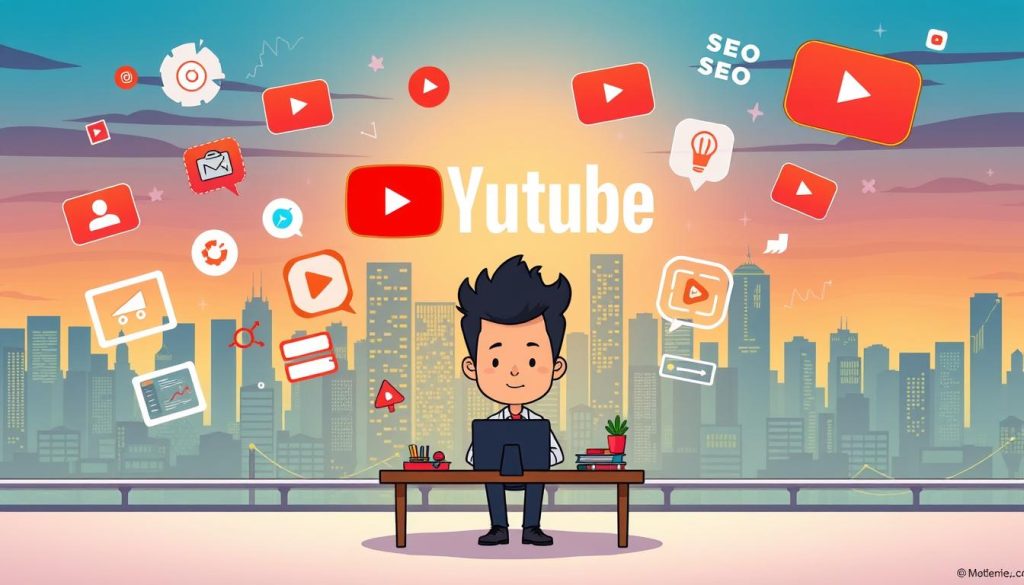 A vibrant digital illustration depicting the key strategies for YouTube marketing and SEO. In the foreground, a cartoon character sits at a desk, surrounded by floating icons and data visualizations representing various SEO and marketing techniques - keywords, social media, analytics, and more. In the middle ground, a larger-than-life YouTube logo casts a warm glow, emphasizing the platform's central role. The background features a city skyline at dusk, with skyscrapers and tech-inspired architecture, suggesting the digital, connected nature of the subject matter. The overall scene conveys a sense of expertise, strategy, and the potential for online growth and success.