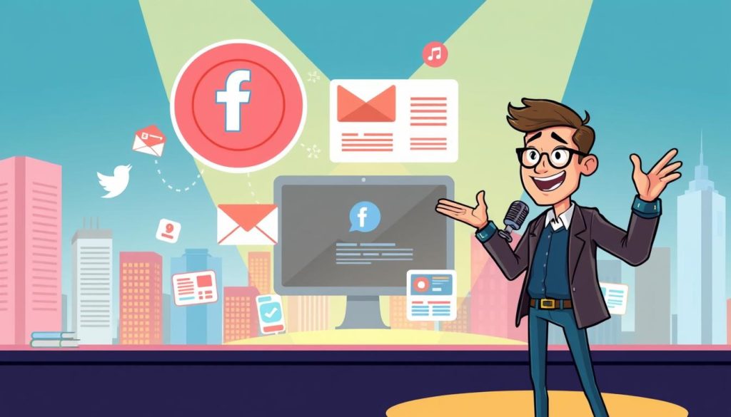 A vibrant, digital illustration depicting the strategic elements of an advertising campaign for a podcast. In the foreground, an animated character gestures dynamically, representing the engaging host of the podcast. The middle ground showcases various digital marketing tactics, such as social media icons, email newsletters, and targeted advertisements. The background features a stylized cityscape, conveying the wide-reaching impact of the advertising strategy. The scene is illuminated by a warm, spotlight-like lighting, creating a sense of energy and professionalism. The overall composition suggests a cohesive, multi-faceted approach to promoting the podcast effectively.
