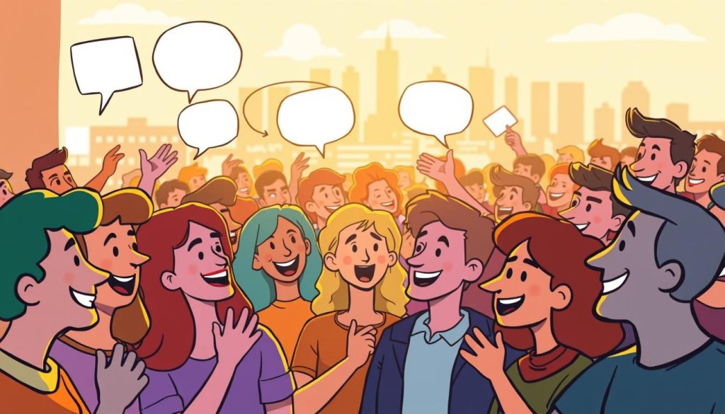 A vibrant digital illustration showcasing a crowd of diverse cartoon characters eagerly engaged in a lively discussion. In the foreground, colorful figures gesticulate animatedly, their expressive faces conveying a range of emotions - from thoughtful contemplation to enthusiastic agreement. The middle ground features a dynamic mix of speech bubbles and hand-drawn lines, creating a sense of animated dialogue. In the background, a softly blurred cityscape provides a contextual setting, hinting at the broader world these characters inhabit. Warm, inviting lighting bathes the scene, evoking a cheerful, collaborative atmosphere. The overall composition conveys the essence of attentive, responsive audience engagement. A vibrant digital illustration showcasing a crowd of diverse cartoon characters eagerly engaged in a lively discussion. In the foreground, colorful figures gesticulate animatedly, their expressive faces conveying a range of emotions - from thoughtful contemplation to enthusiastic agreement. The middle ground features a dynamic mix of speech bubbles and hand-drawn lines, creating a sense of animated dialogue. In the background, a softly blurred cityscape provides a contextual setting, hinting at the broader world these characters inhabit. Warm, inviting lighting bathes the scene, evoking a cheerful, collaborative atmosphere. The overall composition conveys the essence of attentive, responsive audience engagement.