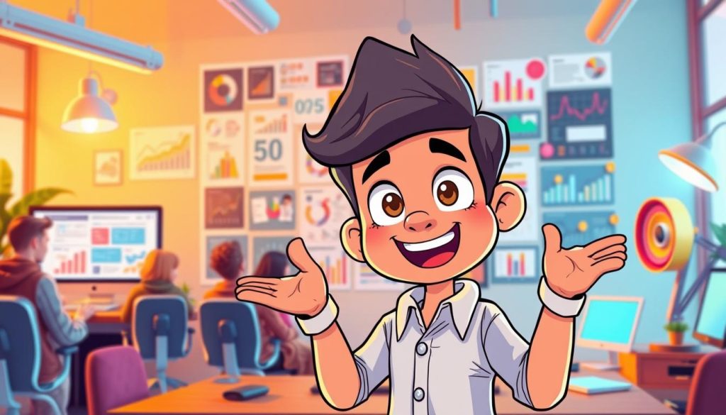 A vibrant digital illustration showcasing engaging content strategies. In the foreground, a charismatic cartoon character gestures animatedly, captivating a diverse audience. The middle ground features a collage of enticing visual elements - eye-catching infographics, dynamic charts, and playful icons. The background depicts a vibrant, modern workspace, complete with sleek devices and a stimulating color palette. Warm lighting illuminates the scene, creating an atmosphere of creativity and inspiration. The overall composition conveys a sense of dynamism, interactivity, and the power of visually appealing content to captivate and inform.