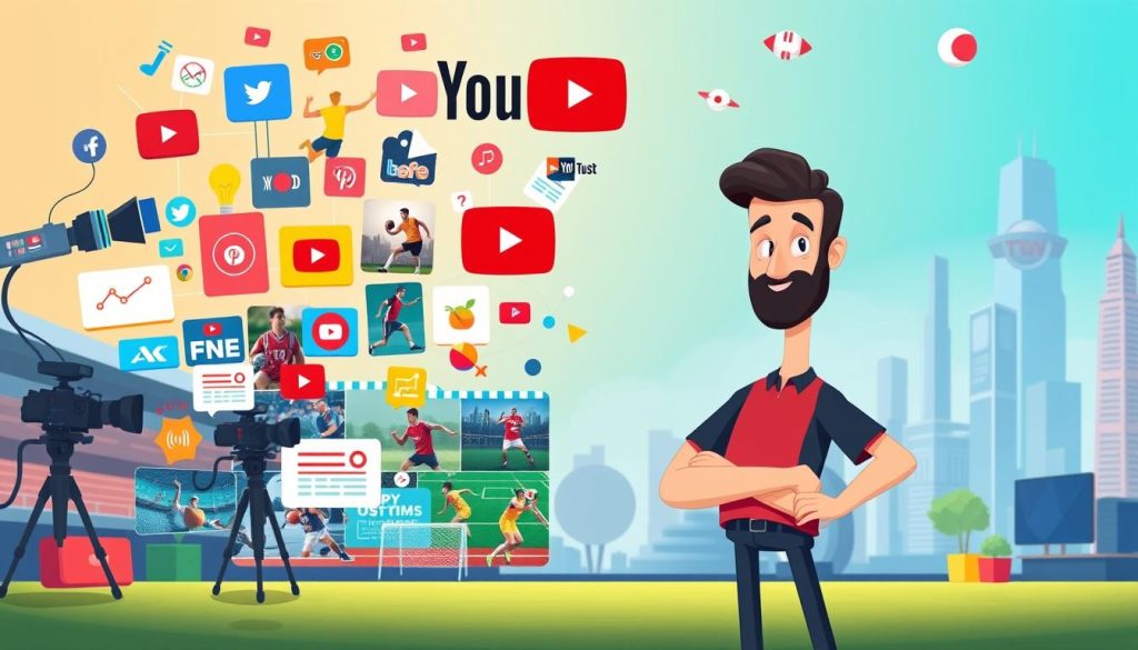 A vibrant digital illustration showcasing the strategic marketing landscape for a YouTube channel focused on sports-related films and documentaries. In the foreground, a stylized character representing the channel host stands confidently, surrounded by an array of colorful marketing icons and tools - social media platforms, video cameras, analytics charts, and digital advertisements. The middle ground features a dynamic collage of sports imagery, including athletes in action, sports equipment, and stadium settings. The background subtly fades into a futuristic cityscape, suggesting the broad reach and digital nature of the channel's marketing strategies. The overall scene conveys a sense of energy, innovation, and the potential for growth and engagement within the channel's target audience.
