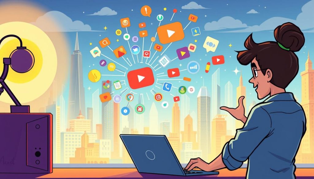 A vibrant, digitally-illustrated scene depicting the "Upgrade YouTube Channel" concept. In the foreground, a determined-looking content creator stands before a laptop, gesturing animatedly as they plan their next video. The middle ground showcases a swirl of colorful icons and graphics, representing the various tools and strategies for channel growth. In the background, a stylized cityscape filled with skyscrapers and technological elements, symbolizing the expansive digital landscape of YouTube. The lighting is warm and inviting, with a sense of optimism and possibility permeating the scene. The overall mood conveys a sense of progress, innovation, and the thrill of channel development.