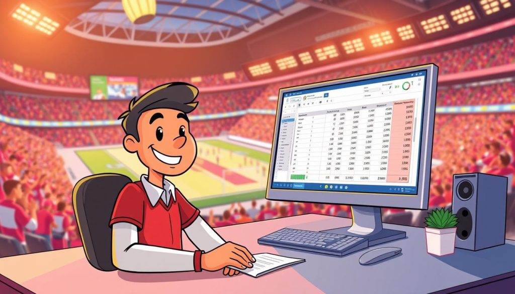 A vibrant, dynamic illustration depicting the calculation of revenue from sports-related video content. In the foreground, a smiling, animated character sits at a desk, intently focused on a spreadsheet displayed on a sleek, futuristic computer screen. The background features a sports stadium, complete with cheering fans and a lively, colorful atmosphere. Subtle data visualizations and infographic elements provide context, highlighting key metrics and financial information. The overall mood is upbeat and engaging, conveying the excitement and potential of leveraging sports trivia content for monetary gain. Warm, natural lighting illuminates the scene, creating a sense of optimism and professionalism. A vibrant, dynamic illustration depicting the calculation of revenue from sports-related video content. In the foreground, a smiling, animated character sits at a desk, intently focused on a spreadsheet displayed on a sleek, futuristic computer screen. The background features a sports stadium, complete with cheering fans and a lively, colorful atmosphere. Subtle data visualizations and infographic elements provide context, highlighting key metrics and financial information. The overall mood is upbeat and engaging, conveying the excitement and potential of leveraging sports trivia content for monetary gain. Warm, natural lighting illuminates the scene, creating a sense of optimism and professionalism.