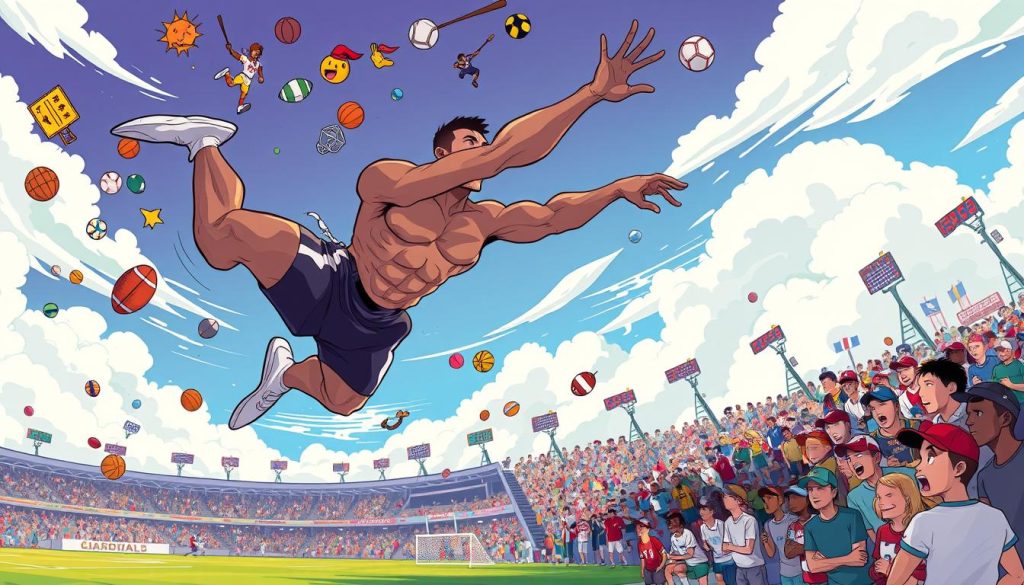 A vibrant, dynamic illustration depicting the interplay between the fantastical world of sports legends and the gritty realities of athletic achievement. In the foreground, a larger-than-life athlete soars through the air, their muscular form silhouetted against a bold, colorful sky. Surrounding them, animated icons and symbols representing iconic sports narratives swirl and dance, hinting at the mythic proportions of sports heroes. In the middle ground, a series of vignettes showcase the grueling training, intense rivalries, and personal triumphs that define the true spirit of sport. The background is a collage of realistic sports imagery - stadiums, equipment, and the faces of determined fans - grounding the fantastical elements in a tangible, relatable world. The overall composition conveys the powerful, emotive pull of sports, balancing the captivating allure of sports legends with the inspiring truths of athletic endeavor. A vibrant, dynamic illustration depicting the interplay between the fantastical world of sports legends and the gritty realities of athletic achievement. In the foreground, a larger-than-life athlete soars through the air, their muscular form silhouetted against a bold, colorful sky. Surrounding them, animated icons and symbols representing iconic sports narratives swirl and dance, hinting at the mythic proportions of sports heroes. In the middle ground, a series of vignettes showcase the grueling training, intense rivalries, and personal triumphs that define the true spirit of sport. The background is a collage of realistic sports imagery - stadiums, equipment, and the faces of determined fans - grounding the fantastical elements in a tangible, relatable world. The overall composition conveys the powerful, emotive pull of sports, balancing the captivating allure of sports legends with the inspiring truths of athletic endeavor.