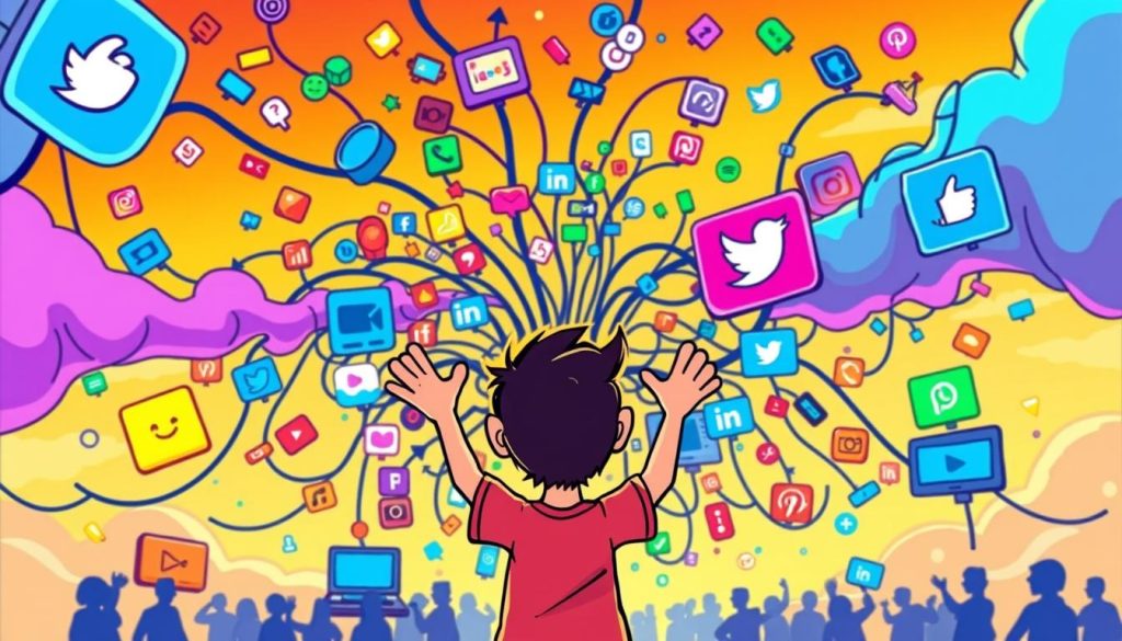 A vibrant, dynamic illustration of a social media network. In the foreground, a stylized cartoon figure is enthusiastically posting content, their hands a blur of activity. The middle ground features a vibrant tangle of colorful, interconnected icons and shapes, representing the various social media platforms. The background is a warm, gradient-filled sky, conveying a sense of energy and positivity. The overall composition is balanced, with the central figure drawing the eye and the supporting elements enhancing the narrative. Bright, vivid colors and a playful, expressive style capture the spirit of promoting a creative venture through social media channels.