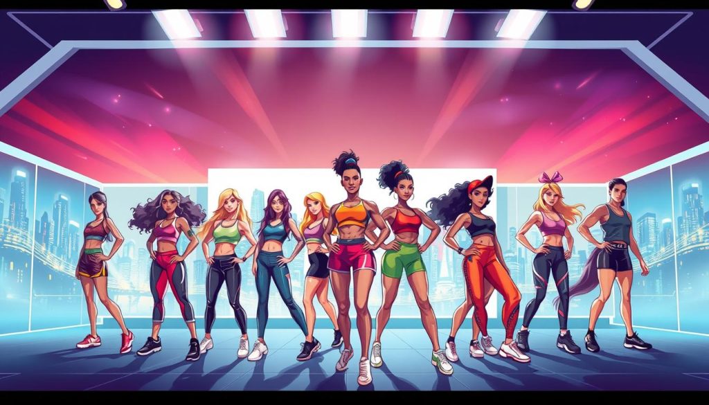 A vibrant, dynamic illustration of a sporty fashion scene. In the foreground, a diverse group of athletic models strike dynamic poses, showcasing the latest trends in sportswear. The middle ground features a sleek, modern backdrop, with clean lines and geometric shapes. The background is filled with a pulsing energy, with neon-lit urban landscapes and a sense of movement and vitality. Lighting is dramatic, with bold contrasts and highlights that accentuate the athleticism and style of the figures. The overall mood is one of youthful energy, fashion-forward sensibility, and the celebration of an active, healthy lifestyle.