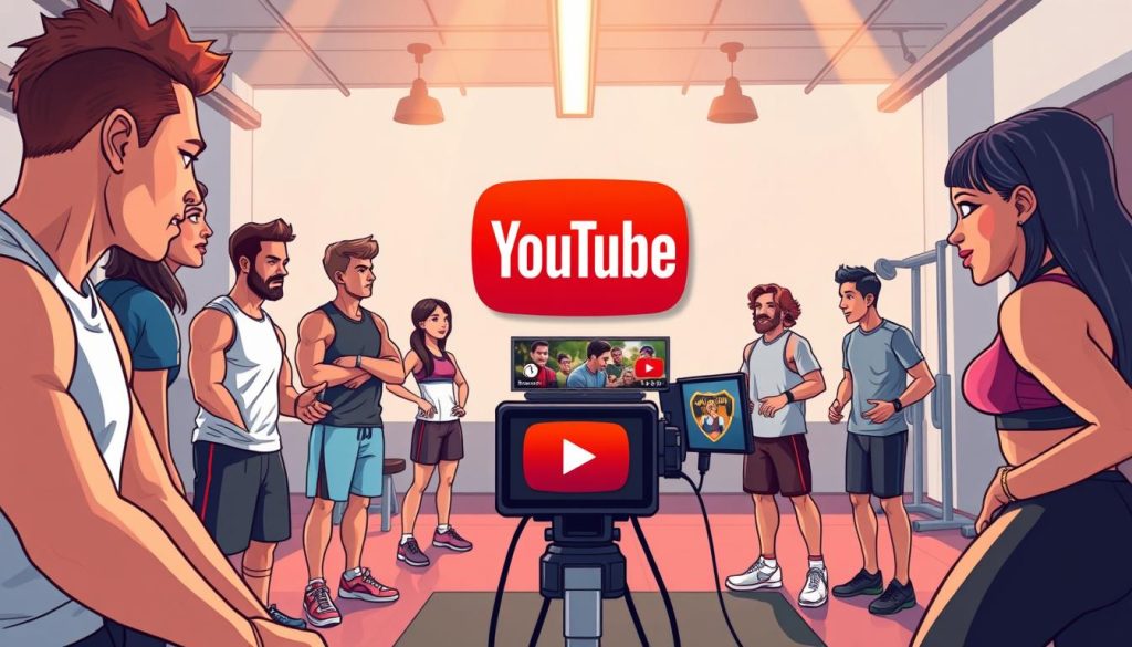 A vibrant, dynamic illustration showcasing the synergy between YouTube, sports figures, and fitness influencers. In the foreground, a group of athletes, personal trainers, and social media stars collaborate on an engaging video production, captured through a wide-angle lens with warm, natural lighting. The middle ground features a stylized YouTube logo and interface, while the background depicts a modern, minimalist gym setting with sleek equipment and motivational decor. The overall atmosphere exudes a sense of collaboration, fitness, and the power of digital platforms to amplify diverse voices and experiences.