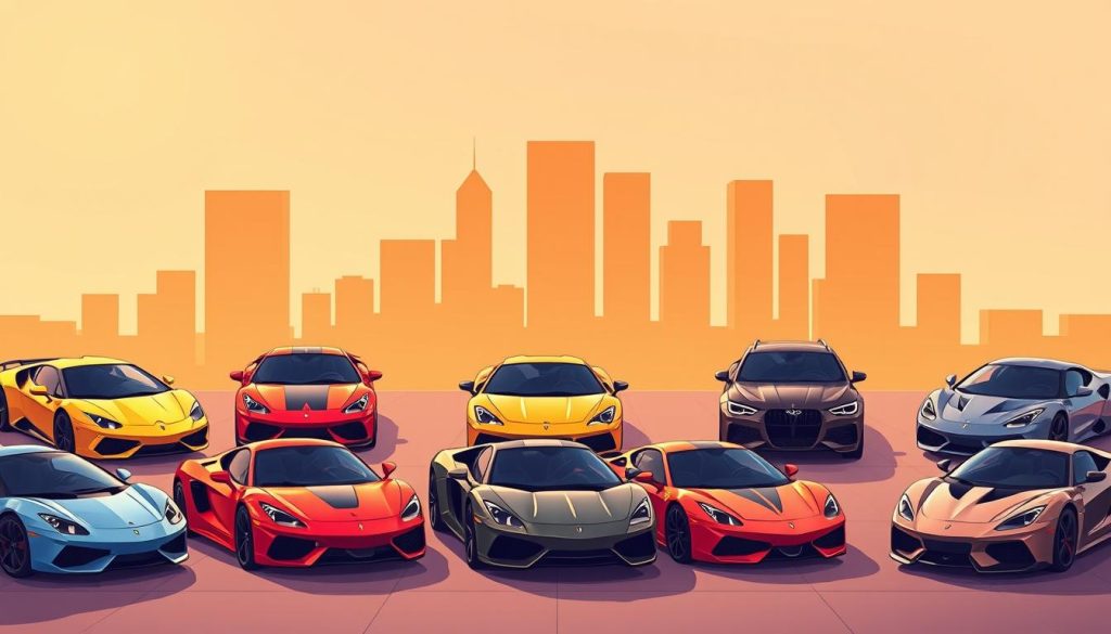 A vibrant, dynamic showcase of various luxury car models, captured with a creative, cartoon-inspired aesthetic. The foreground features an array of sleek, stylized sports cars and high-end sedans in a range of bold, eye-catching colors. The middle ground showcases these models from different angles, highlighting their distinctive design elements and luxurious features. The background sets the scene with a minimalist, abstract cityscape, allowing the cars to take center stage. Warm, diffused lighting casts a dreamlike glow, evoking a sense of aspirational elegance and exclusivity. This whimsical, illustration-style image perfectly encapsulates the allure and diversity of luxury automobiles that captivate sports enthusiasts.