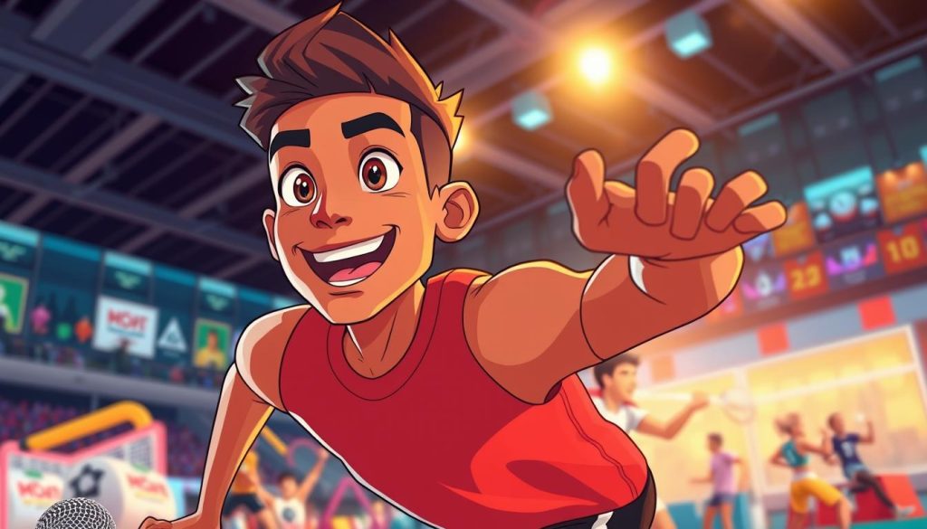 A vibrant, eye-catching cartoon scene showcasing an energetic professional athlete engaged in a captivating activity. The foreground features the athlete in dynamic motion, their expression full of determination and passion. The middle ground includes colorful, engaging props and equipment relevant to their sport. The background depicts an immersive, visually stimulating environment, perhaps a modern training facility or a lively sporting event. The lighting is warm and inviting, casting a sense of excitement and inspiration. The overall composition and design elements work together to create a visually compelling, entertaining, and aspirational image that would effectively illustrate the section on creating "محتوای جذاب" for a YouTube channel featuring a day in the life of a professional athlete. A vibrant, eye-catching cartoon scene showcasing an energetic professional athlete engaged in a captivating activity. The foreground features the athlete in dynamic motion, their expression full of determination and passion. The middle ground includes colorful, engaging props and equipment relevant to their sport. The background depicts an immersive, visually stimulating environment, perhaps a modern training facility or a lively sporting event. The lighting is warm and inviting, casting a sense of excitement and inspiration. The overall composition and design elements work together to create a visually compelling, entertaining, and aspirational image that would effectively illustrate the section on creating "محتوای جذاب" for a YouTube channel featuring a day in the life of a professional athlete.