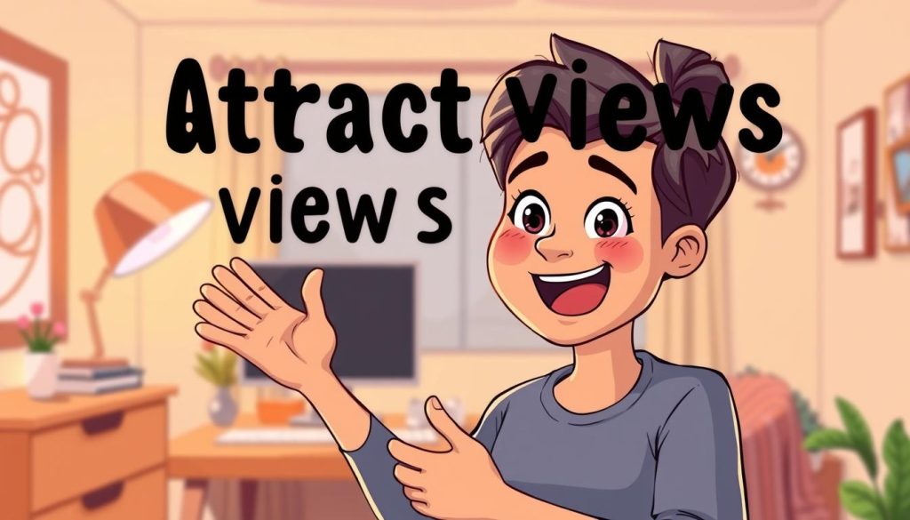 A vibrant, eye-catching illustration of a YouTuber engaging their audience. A warm, inviting middle-ground scene with a friendly, enthusiastic host speaking directly to the viewer. Soft, diffused lighting and a playful, animated style create an approachable, relatable atmosphere. The background features a cozy, minimalist home office setup, hinting at the creator's personal space and content production. The foreground focuses on the YouTuber's expressive face and gestures, capturing their charisma and connection with the audience. Overall, a visually striking image that effectively conveys the idea of "attracting viewers" for a weight loss channel targeting those over 40.
