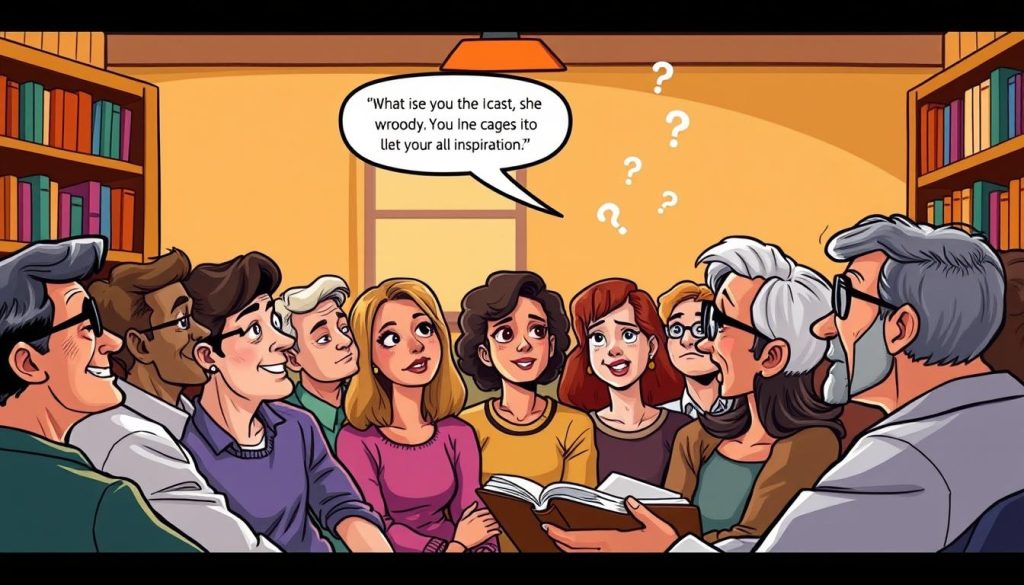 A vibrant, eye-catching illustration of a captivated audience listening intently to a passionate book reviewer. Set in a cozy, well-lit room, the scene depicts a diverse group of adults leaning forward, their expressions rapt as they engage with the speaker. The reviewer, presented in a stylized, cartoon-like manner, gestures animatedly, their words and ideas radiating outward like waves of inspiration. The background features bookshelves and warm, earthy tones, creating an atmosphere of intellectual curiosity and community. The overall mood is one of engagement, inspiration, and the power of sharing knowledge through engaging, relatable content.