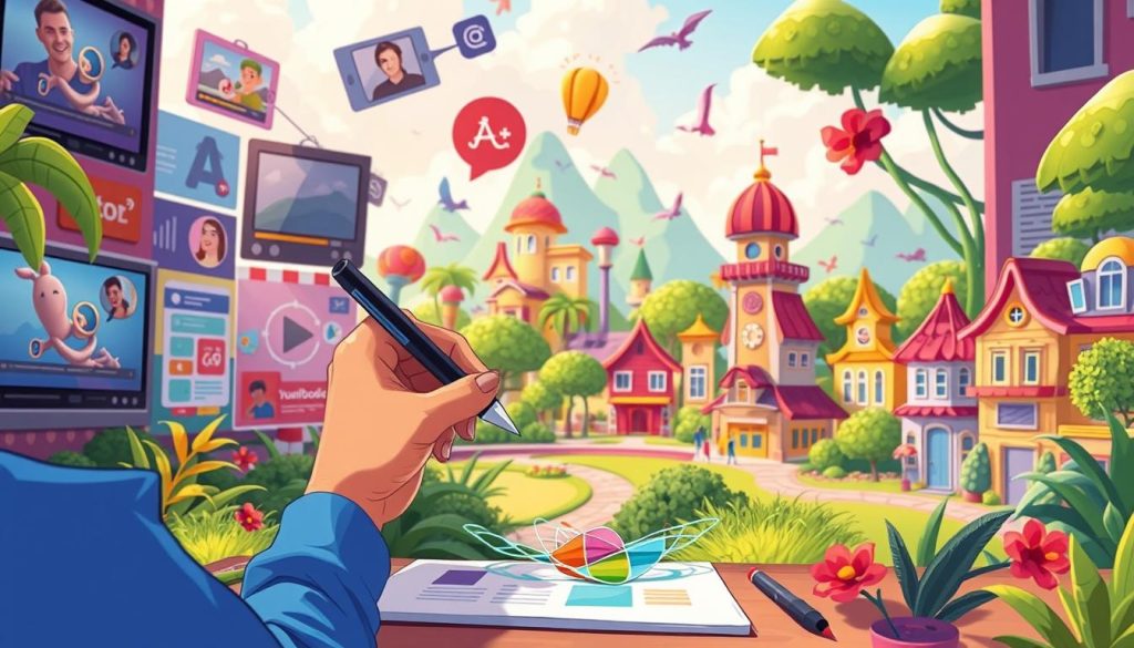 A vibrant, eye-catching scene depicting the creation of engaging content. In the foreground, a dynamic, animated character crafts a visually striking design, their hands working swiftly with a digital stylus. The middle ground showcases a collection of diverse multimedia elements, including video footage, social media posts, and captivating graphics. In the background, a vibrant, colorful landscape sets the stage, with playful, cartoon-inspired buildings and lush, verdant foliage. The overall atmosphere is one of creativity, energy, and inspiration, inviting the viewer to explore the world of compelling content production.