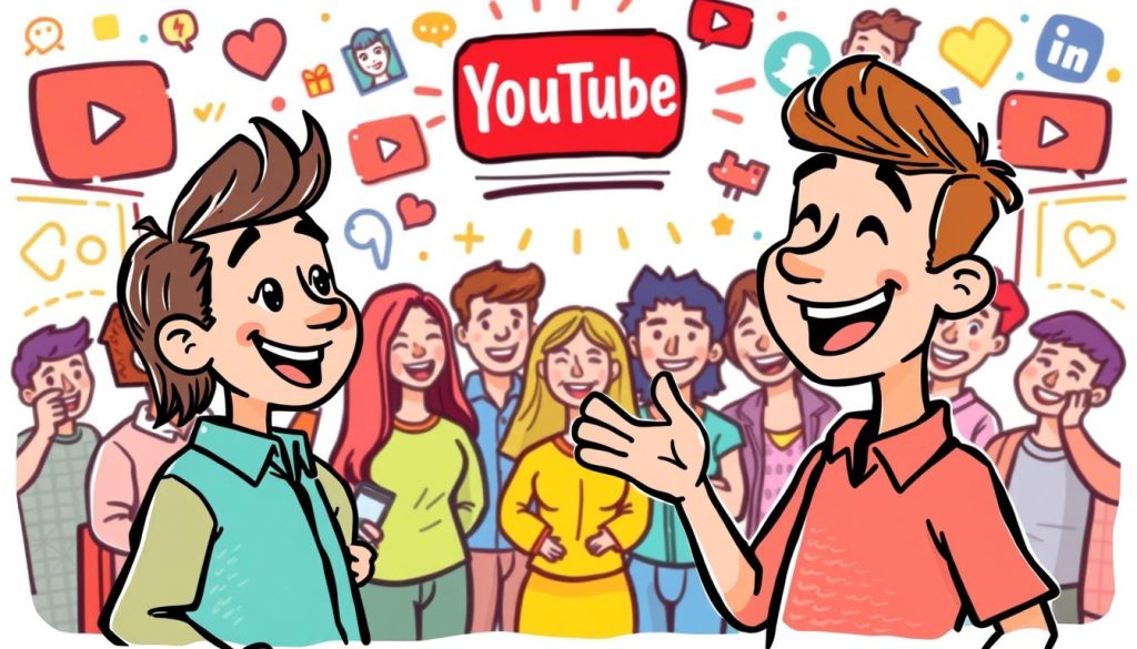 A vibrant, hand-drawn cartoon illustration depicting a engaging social media strategy to attract and captivate an audience. In the foreground, a friendly, smiling character represents the content creator, gesturing animatedly as they engage with a diverse group of enthusiastic viewers and subscribers in the middle ground. The background features a lively, colorful setting with icons and symbols suggestive of the YouTube platform and audience growth. The overall scene conveys a sense of energy, interactivity, and the joyful connection between creator and community. A vibrant, hand-drawn cartoon illustration depicting a engaging social media strategy to attract and captivate an audience. In the foreground, a friendly, smiling character represents the content creator, gesturing animatedly as they engage with a diverse group of enthusiastic viewers and subscribers in the middle ground. The background features a lively, colorful setting with icons and symbols suggestive of the YouTube platform and audience growth. The overall scene conveys a sense of energy, interactivity, and the joyful connection between creator and community.