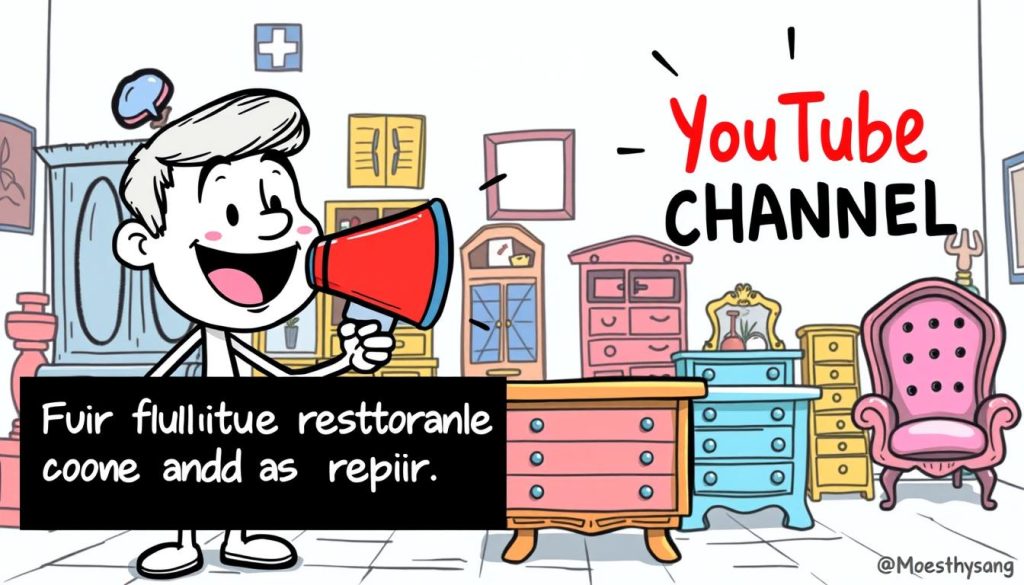 A vibrant, hand-drawn cartoon illustration depicting an eye-catching YouTube channel advertisement. In the foreground, a friendly, animated character holds a megaphone, enthusiastically promoting the channel's content of furniture restoration and repair tutorials. The middle ground showcases a collection of stylized furniture pieces, each with a distinct personality, hinting at the diverse projects featured on the channel. The background features a lively, pastel-colored setting, perhaps a workshop or studio, creating an inviting and creative atmosphere. The overall composition conveys a sense of energy, enthusiasm, and the channel's focus on transforming worn furniture into beautifully restored pieces.