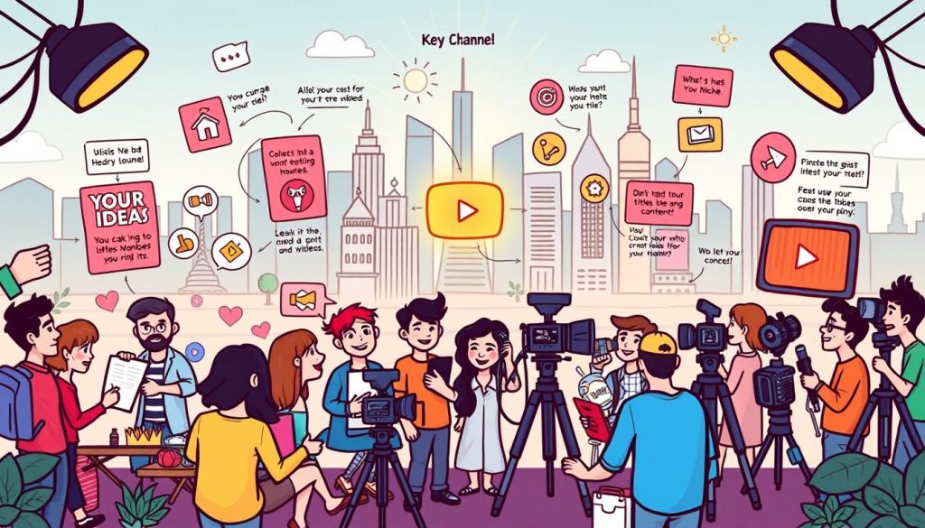 A vibrant, hand-drawn cartoon illustration depicting the key elements for starting a successful YouTube channel. In the foreground, a friendly, diverse group of YouTubers brainstorm ideas, plan content, and set up their filming equipment. In the middle ground, colorful icons and infographic elements highlight essential steps like choosing a niche, optimizing titles and thumbnails, and engaging with the community. The background features a stylized cityscape with skyscrapers, landmarks, and a glowing YouTube logo, conveying a sense of ambition and opportunity. The overall atmosphere is positive, energetic, and inspirational, inviting the viewer to embark on their own YouTube journey.