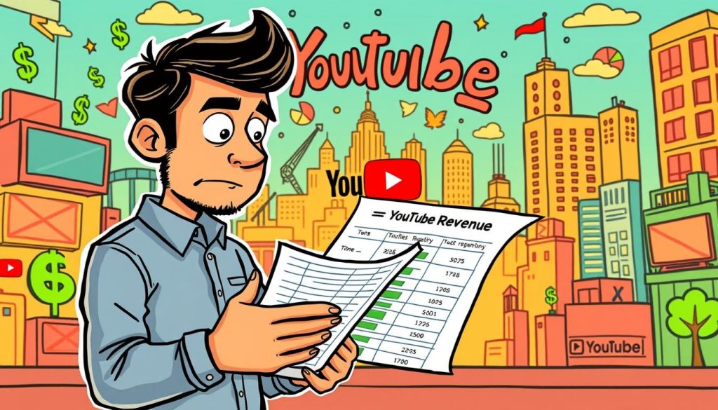 A vibrant, hand-drawn cartoon illustration depicting the process of scrutinizing YouTube revenue. In the foreground, a charismatic character representing a YouTuber examines a spreadsheet, furrowing their brow in deep contemplation. The middle ground features various visual metaphors for YouTube monetization, such as dollar signs, graphs, and pie charts. The background showcases a lively, stylized cityscape, evoking the bustling online landscape of content creation. The overall mood is one of thoughtful analysis, tempered by a touch of whimsy and creative flair. Warm, saturated colors and dynamic linework contribute to the engaging, animated aesthetic. A vibrant, hand-drawn cartoon illustration depicting the process of scrutinizing YouTube revenue. In the foreground, a charismatic character representing a YouTuber examines a spreadsheet, furrowing their brow in deep contemplation. The middle ground features various visual metaphors for YouTube monetization, such as dollar signs, graphs, and pie charts. The background showcases a lively, stylized cityscape, evoking the bustling online landscape of content creation. The overall mood is one of thoughtful analysis, tempered by a touch of whimsy and creative flair. Warm, saturated colors and dynamic linework contribute to the engaging, animated aesthetic.