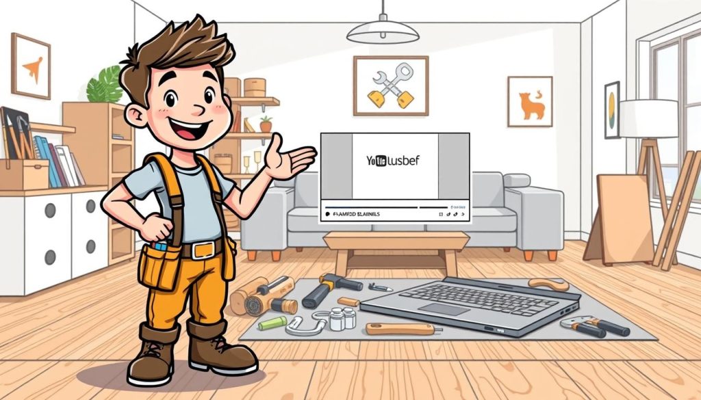 A vibrant, hand-drawn cartoon illustration showcasing a young, enthusiastic YouTuber setting up their channel for a flooring installation and home renovation niche. The character, dressed in a tool belt and work boots, stands confidently in the foreground, gesturing towards a laptop displaying a sleek, minimalist channel branding design. In the middle ground, various home improvement tools and materials are arranged neatly, hinting at the channel's focus. The background features a stylized, modern living room with hardwood floors, suggesting the channel's content. The overall scene conveys a sense of creativity, organization, and a passion for home improvement projects.