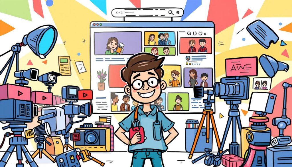 A vibrant, hand-drawn cartoon illustration showcasing the key elements for YouTube success. In the foreground, a cheerful YouTuber stands amidst a whimsical array of tools, cameras, and lighting equipment, symbolizing the technical aspects of content creation. In the middle ground, a collage of engaging video thumbnails, emotionally expressive characters, and dynamic visual storytelling techniques capture the viewer's attention. The background depicts a stylized YouTube platform interface, complete with trending analytics, subscriber counts, and a backdrop of colorful geometric shapes, conveying the digital landscape of the platform. The overall scene exudes a youthful, energetic, and inspirational mood, encouraging the viewer to embrace the creative potential of YouTube.
