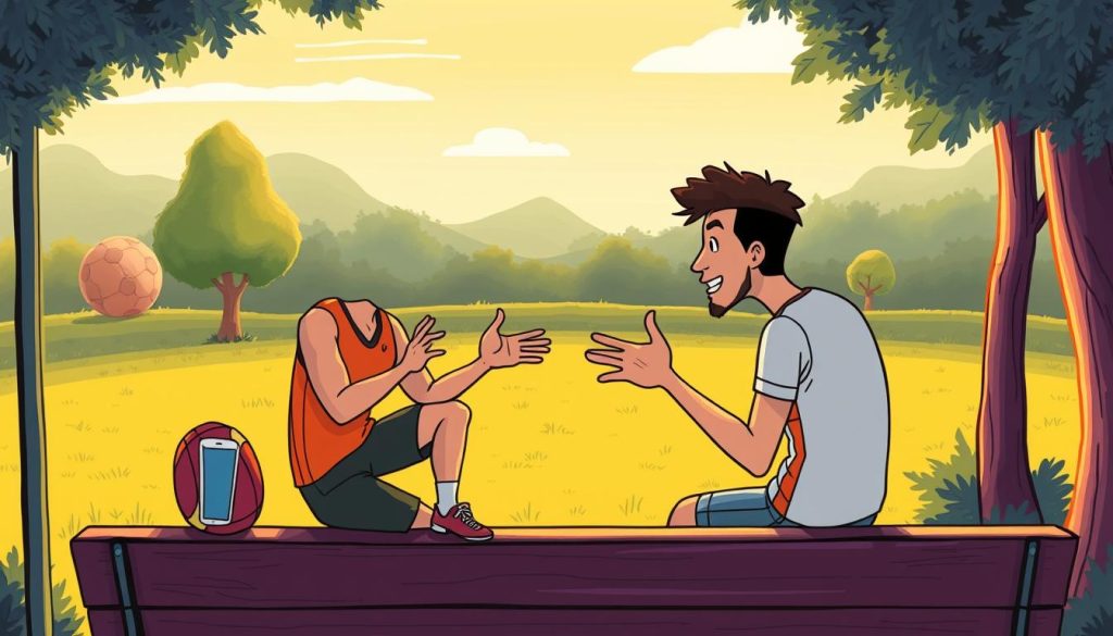 A vibrant, hand-drawn cartoon scene depicting a casual, intimate conversation between two friendly athletes. The foreground shows the athletes sitting on a bench, gesturing animatedly as they engage in a relaxed, heartfelt discussion. The middle ground features a simple, inviting outdoor setting with a grassy field, a few trees, and a clear sky above. The background showcases a warm, golden-hued lighting that creates a cozy, welcoming atmosphere. The overall mood is upbeat, friendly, and conducive to an open exchange of ideas and experiences. The image should convey a sense of camaraderie, authenticity, and the joy of genuine human connection.