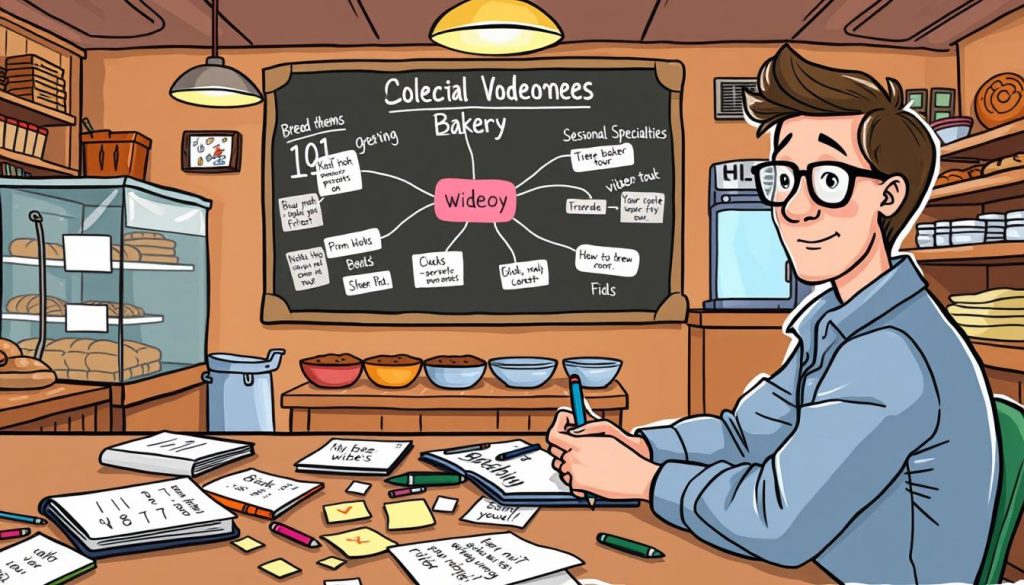 A vibrant, hand-drawn cartoon scene depicting a person carefully selecting video topics for their local bakery's YouTube channel. The foreground shows the person sitting at a desk, surrounded by a variety of brainstorming materials - notebooks, pens, and sticky notes with ideas scribbled on them. The middle ground features a chalkboard or digital whiteboard displaying a mind map of potential video themes, such as "Bread Baking 101", "Seasonal Specialties", and "Bakery Tour". In the background, a cozy bakery interior is visible, with warmly lit display cases, mixing bowls, and baking equipment. The overall mood is one of creativity, focus, and excitement about the process of choosing the perfect video subjects to showcase the bakery's unique character and offerings.
