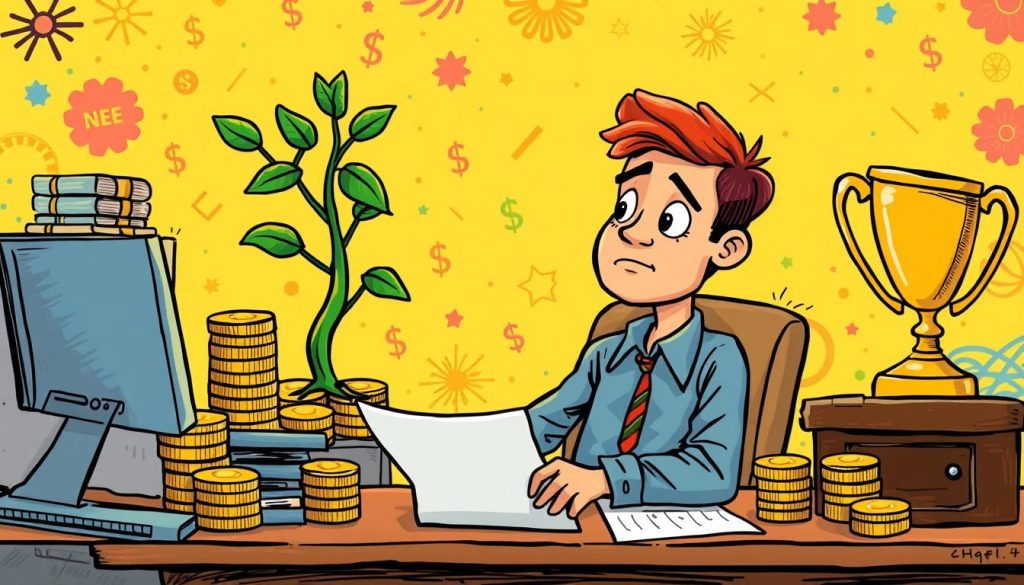 A vibrant, hand-drawn cartoon scene depicting a person sitting at a desk, surrounded by symbols of wealth and success - stacks of gold coins, a growing money tree, and a gleaming trophy. The character has a determined expression, deep in thought as they plan their next steps towards financial prosperity. The background is filled with colorful patterns and shapes, creating a sense of energy and dynamism. Warm, golden lighting casts a hopeful glow over the entire composition, evoking a mood of optimism and achievement. The scene conveys the idea of working towards a prosperous future through hard work and strategic planning.