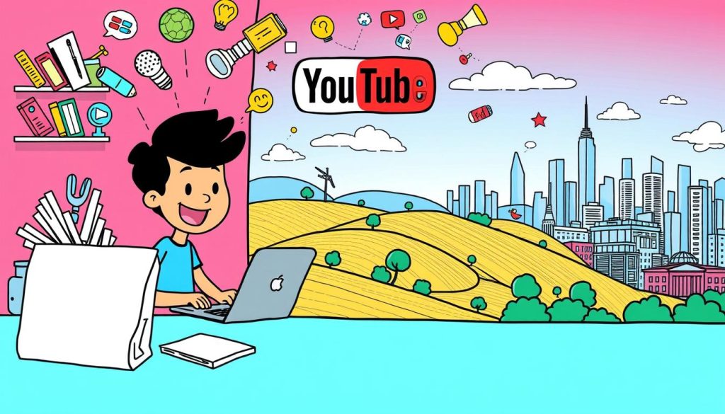 A vibrant, hand-drawn cartoon scene depicting the art of creating engaging YouTube content. In the foreground, a lively character sits at a desk, laptop open, surrounded by colorful stationery and ideas swirling overhead. The middle ground features a rolling hills landscape with playful icons and symbols representing the different aspects of video production - a microphone, camera, and video editing software. The background showcases a cityscape with towering skyscrapers, hinting at the broad reach and impact of compelling online content. The overall mood is one of creativity, enthusiasm, and the excitement of sharing meaningful information with the world. A vibrant, hand-drawn cartoon scene depicting the art of creating engaging YouTube content. In the foreground, a lively character sits at a desk, laptop open, surrounded by colorful stationery and ideas swirling overhead. The middle ground features a rolling hills landscape with playful icons and symbols representing the different aspects of video production - a microphone, camera, and video editing software. The background showcases a cityscape with towering skyscrapers, hinting at the broad reach and impact of compelling online content. The overall mood is one of creativity, enthusiasm, and the excitement of sharing meaningful information with the world.