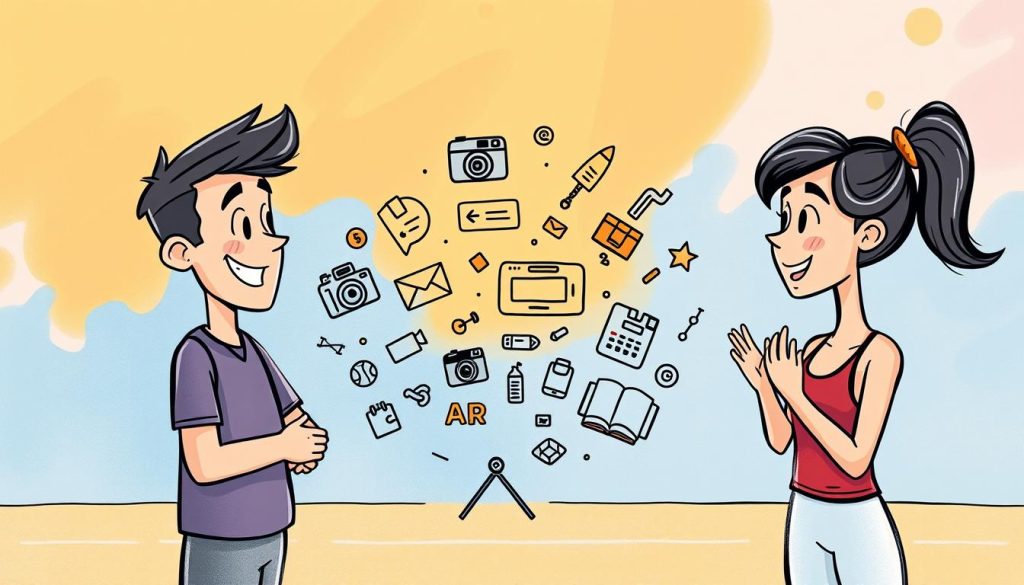 A vibrant, hand-drawn cartoon scene depicting the content strategy for a sports friendship YouTube channel. In the foreground, two animated athletes, a male and female, engage in a lively discussion, their expressions warm and animated. The middle ground showcases an array of content ideas - a camera, a social media icon, and various sports equipment, all rendered in a playful, stylized manner. The background features a colorful, abstract pattern, suggesting the dynamic and engaging nature of the channel's content. Soft, diffused lighting creates an inviting, creative atmosphere, while the overall composition conveys a sense of collaboration, camaraderie, and a passion for sports and storytelling.
